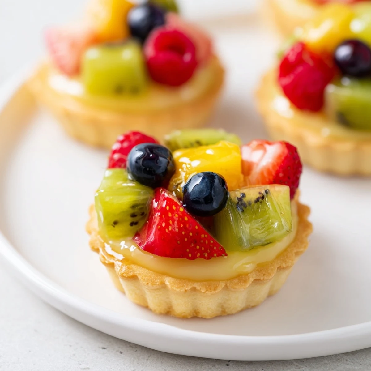 A close-up of mini fruit tartlets reveals a colorful fruit circle over smooth pastry cream.