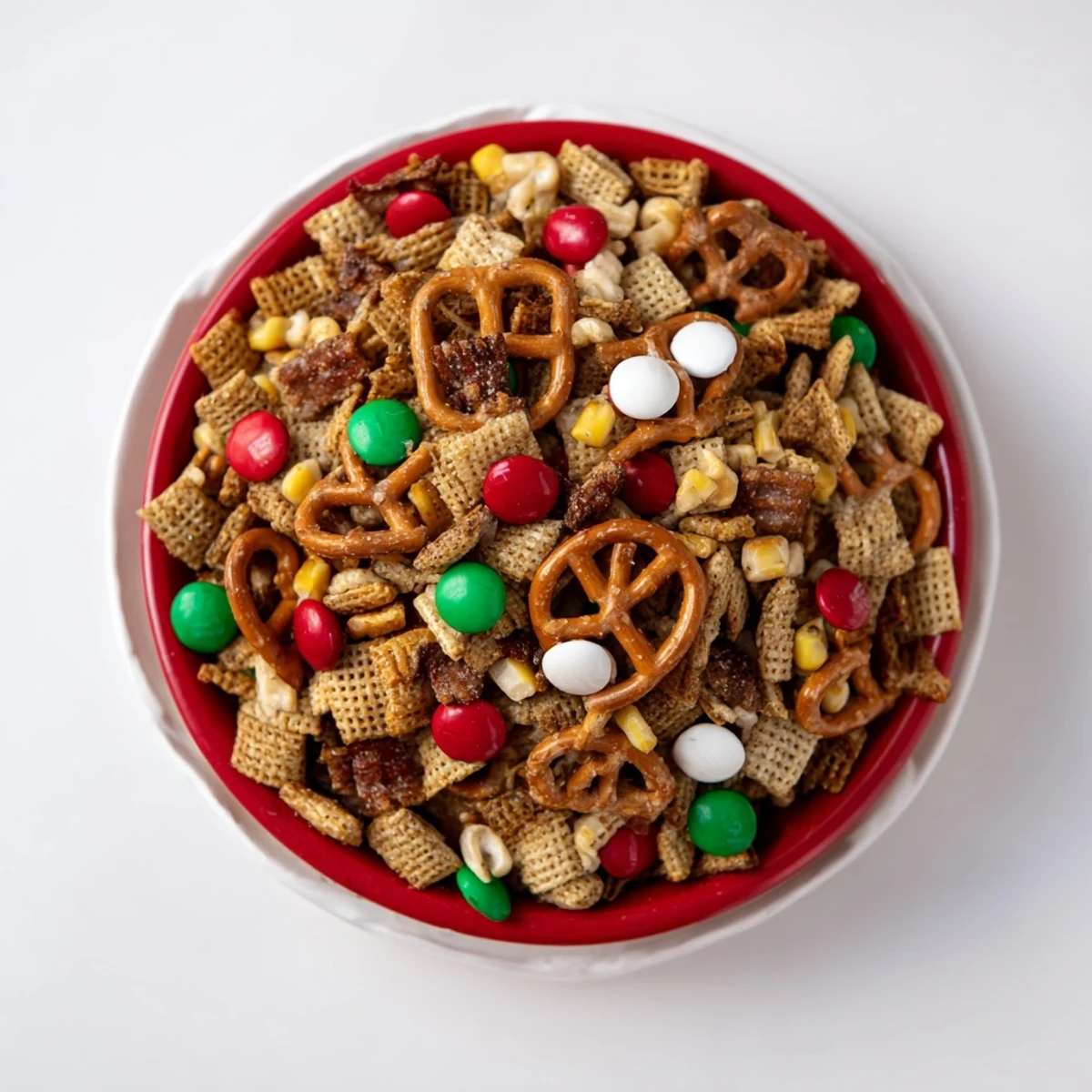 Holiday Mix in a festive red and green bowl, offering a delightful mix of sweet and savory textures.