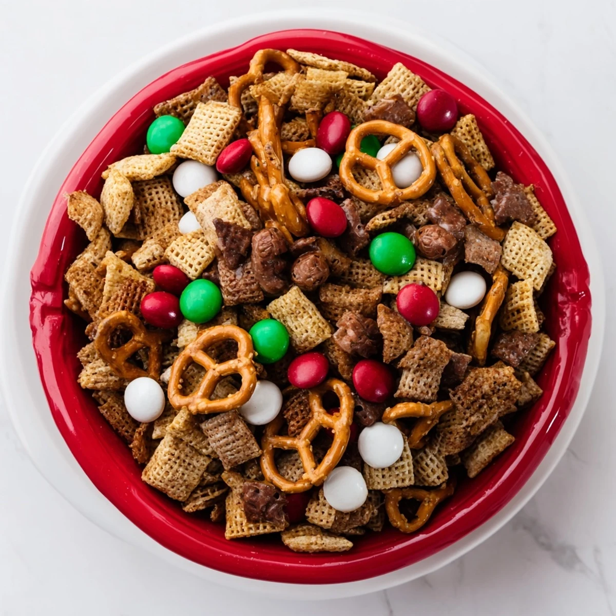 Golden-brown Holiday Mix features crunchy cereals, pretzels, and candies, perfect for holiday snacking enjoyment.
