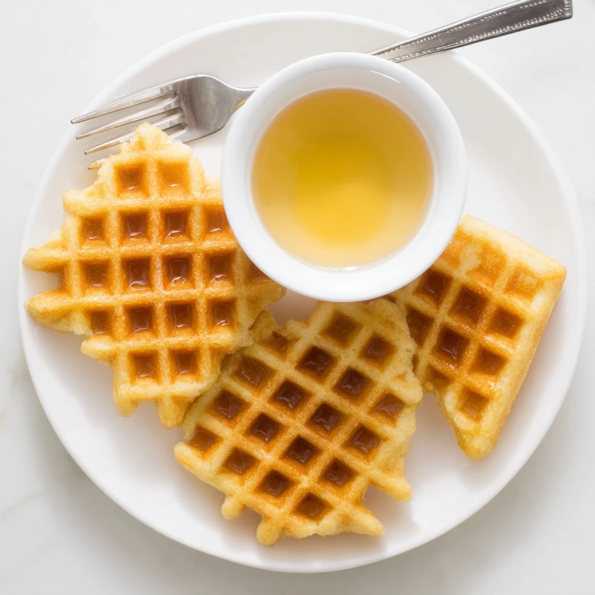 Golden-brown Waffle Quarters ready to be dunked in a rich maple syrup dip for breakfast.