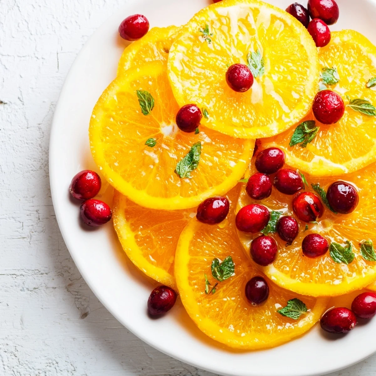 Bright orange slices and tart cranberries scattered, a festive Winter Fruit side dish ready to eat.