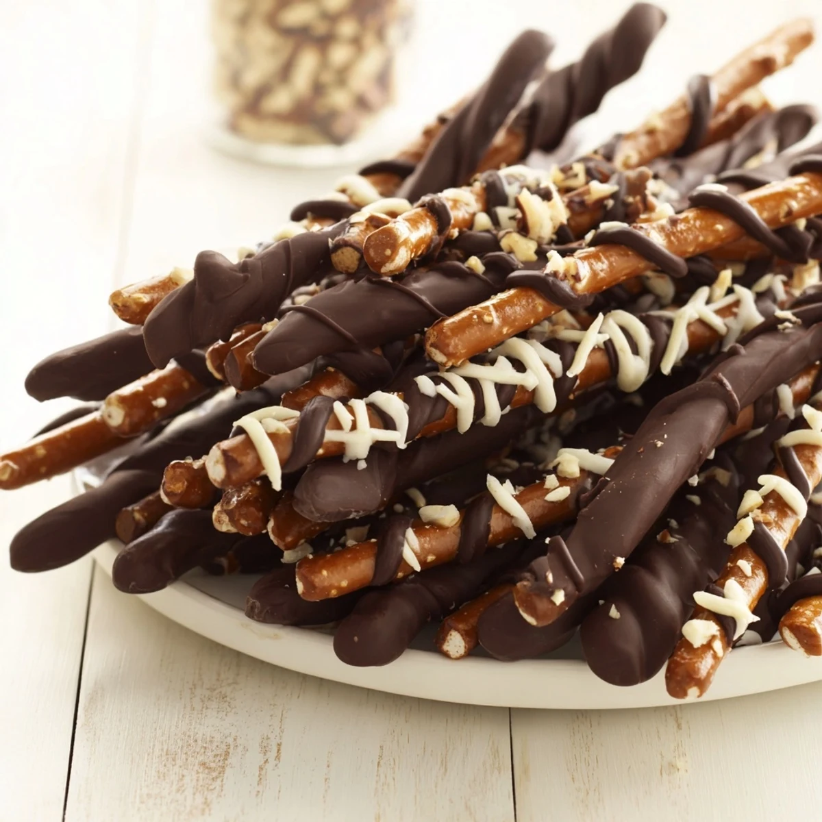 Chocolate covered pretzel stick stacks, arranged on parchment, drizzled with white chocolate, ready to enjoy.