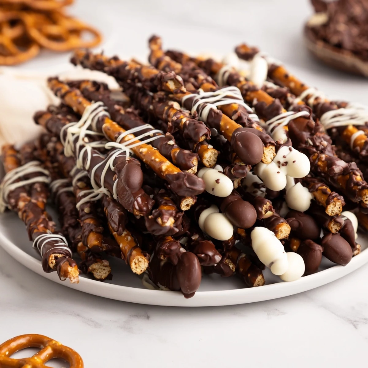 Crispy chocolate covered pretzel stick stacks, a sweet and salty treat perfect for any gathering, beautifully stacked.