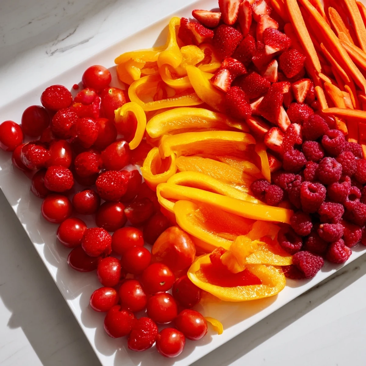 Rainbow Pride Spectrum grazing board overflowing with colorful fruits and vegetables, ready to serve.