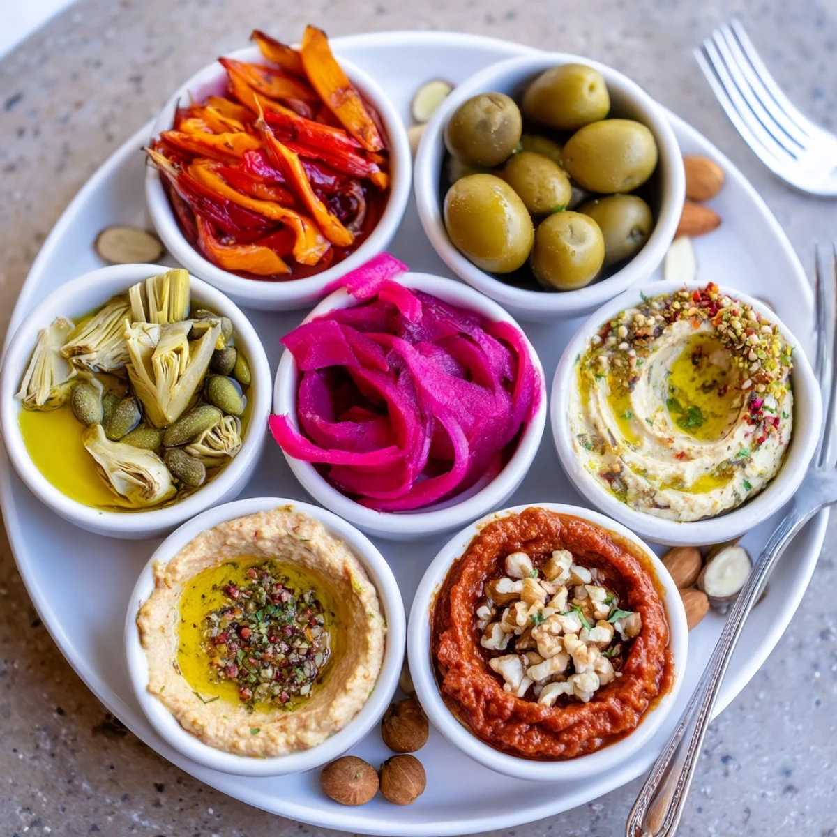 Close-up photo of a Moroccan Tile Mosaic, showcasing colorful bowls of flavorful dips and ingredients.
