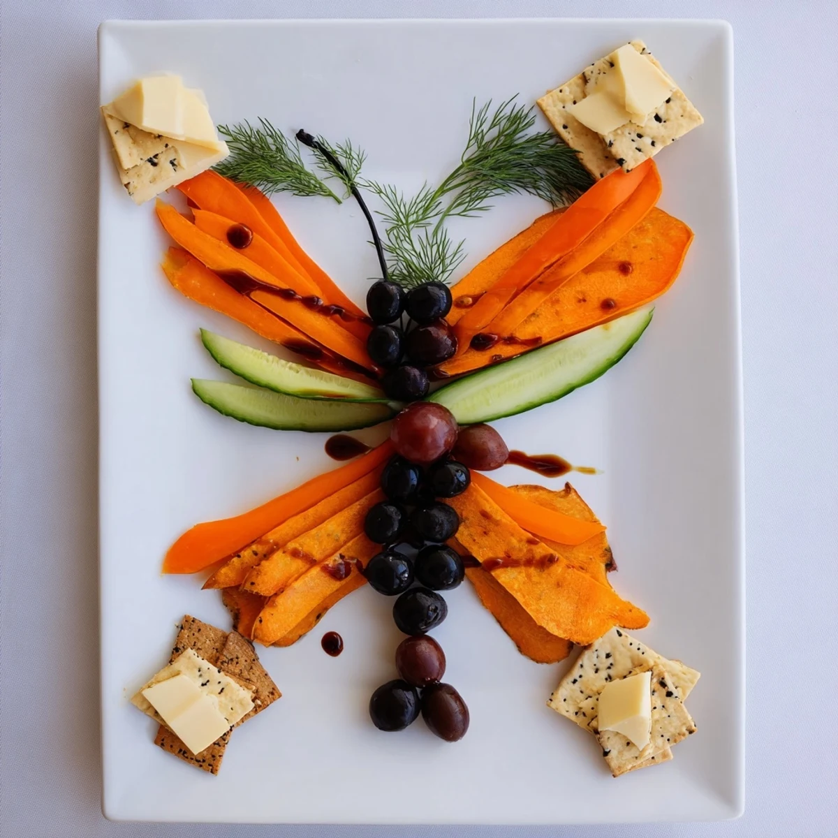 Detailed view of delicious Monarch Butterfly Wings with fresh dill antennae and a cucumber body ready for tasting.