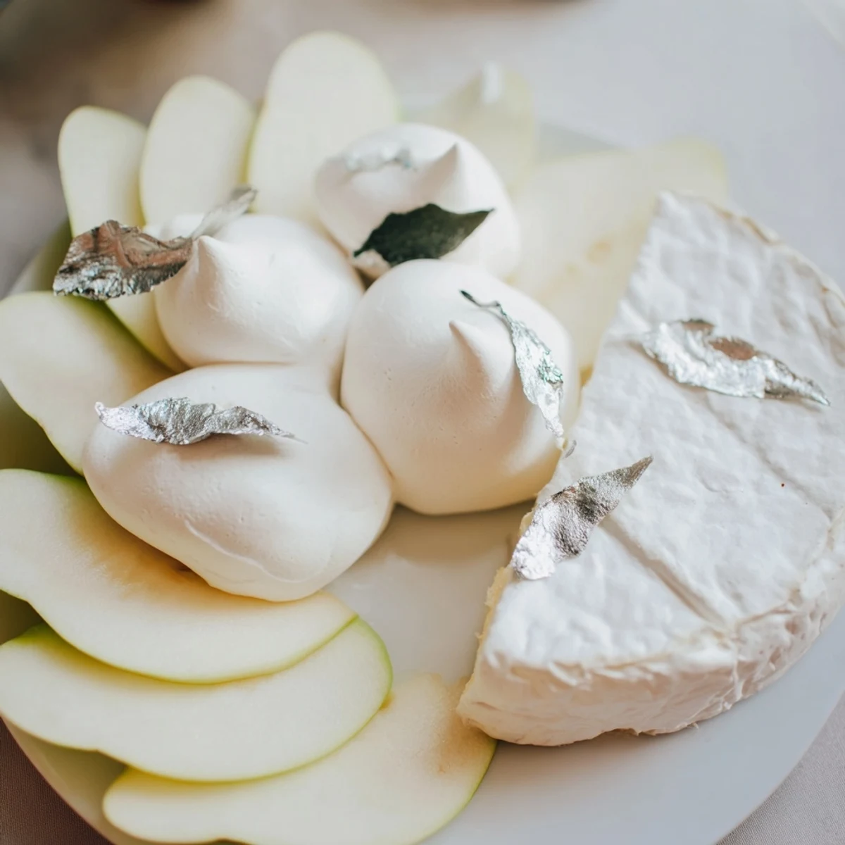 Pearly Gates cheese board with creamy brie, white peaches, and glistening silver leaf.