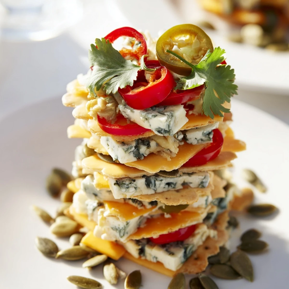 Southwest Mesa appetizer: towers of cheese and crackers, garnished with red peppers and cilantro.