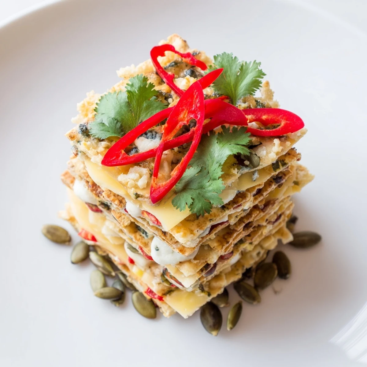The artfully layered Southwest Mesa showcases cheese and cracker stacks, a vegetarian appetizer ready to serve.