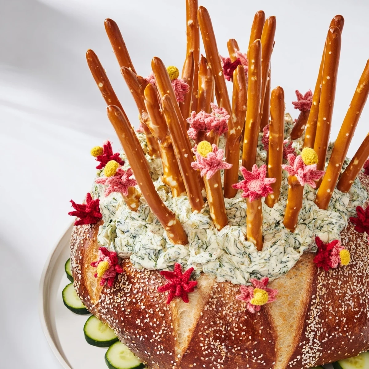 Savory Desert Cactus Bloom recipe with pretzel spines and vibrant fruit leather flowers.