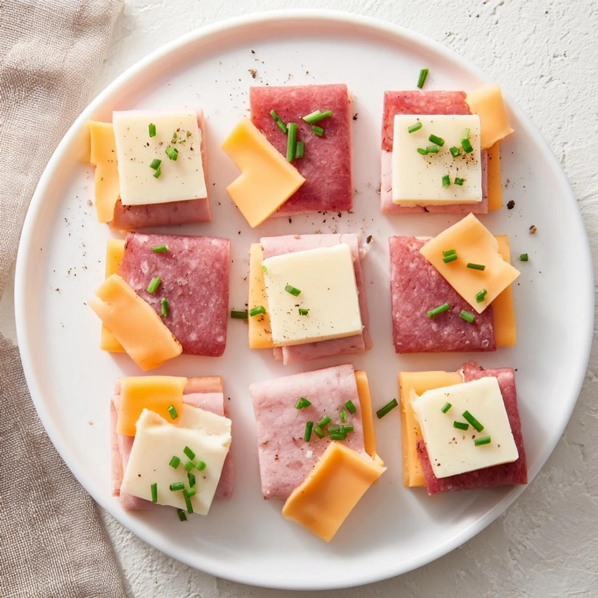 Checkerboard Picnic Bites: a colorful array of meats & cheeses, visually stunning appetizer for a picnic spread.