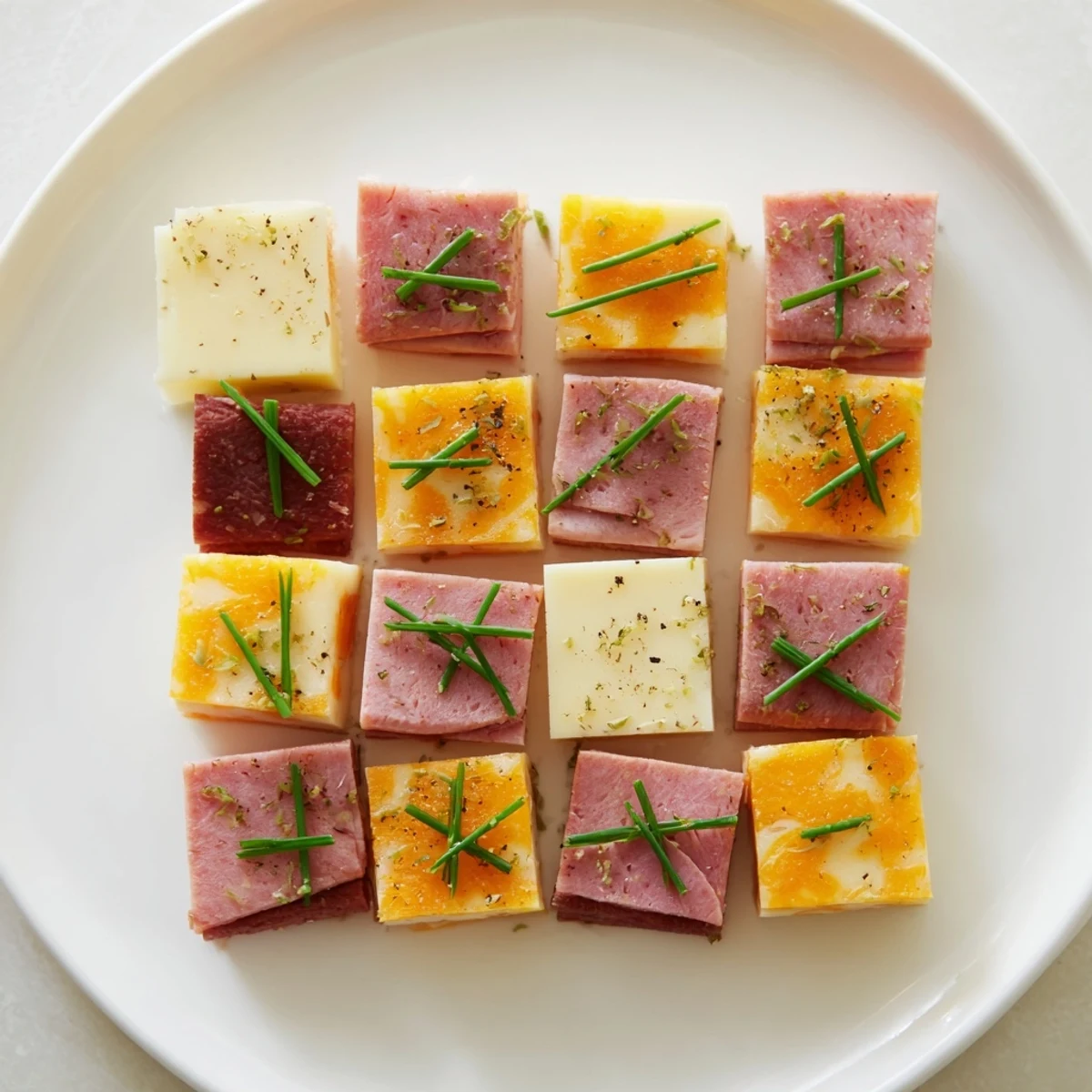 Enjoy savory Checkerboard Picnic Bites, beautifully arranged with contrasting colors, ready to serve on a platter.