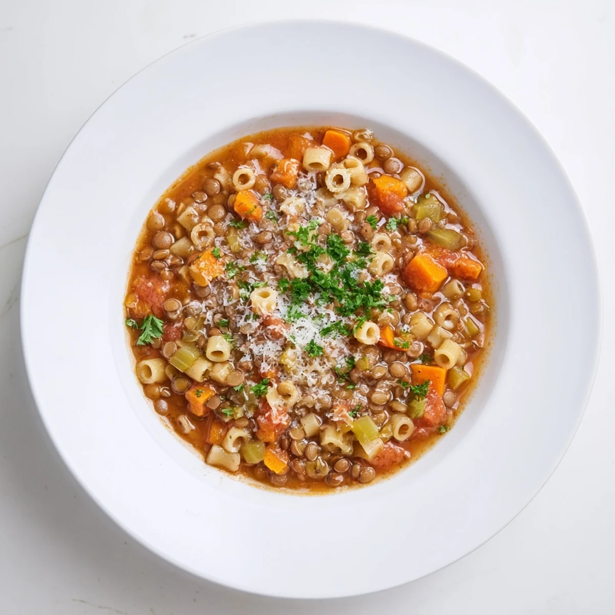 Steaming bowl of delicious Ditalini and Lentil Soup, full of tender pasta and vegetables.