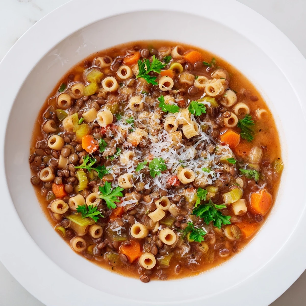 Close-up of a rustic Ditalini and Lentil Soup, showcasing the texture and vibrant colors.