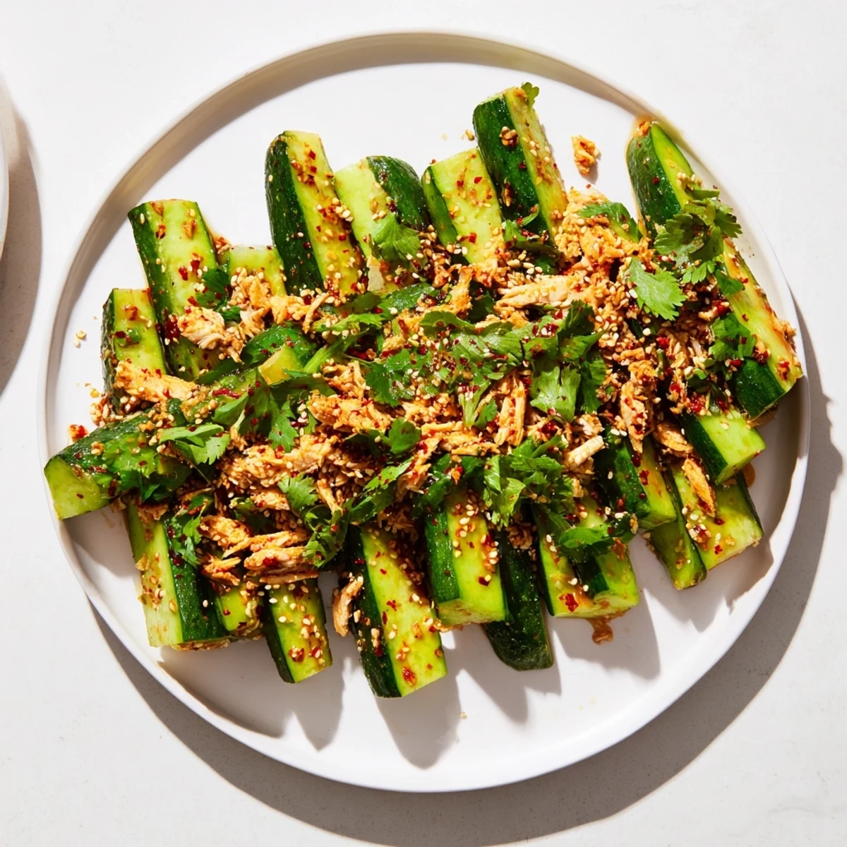 Whole Cucumber Logan Salad with shredded chicken, a refreshing, flavorful, protein-packed main dish.