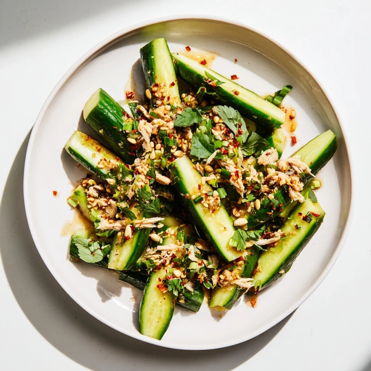 Image of glistening Whole Cucumber Logan Salad, featuring smashed cucumbers and tender rotisserie chicken.