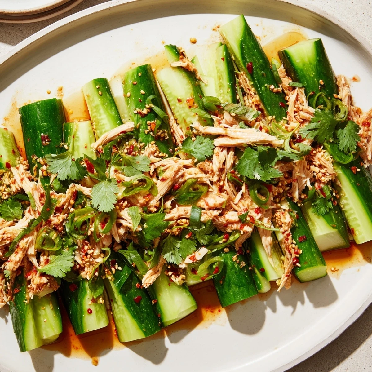 Close-up of vibrant Whole Cucumber Logan Salad, showing sesame seeds and easy, delicious Asian flavors.