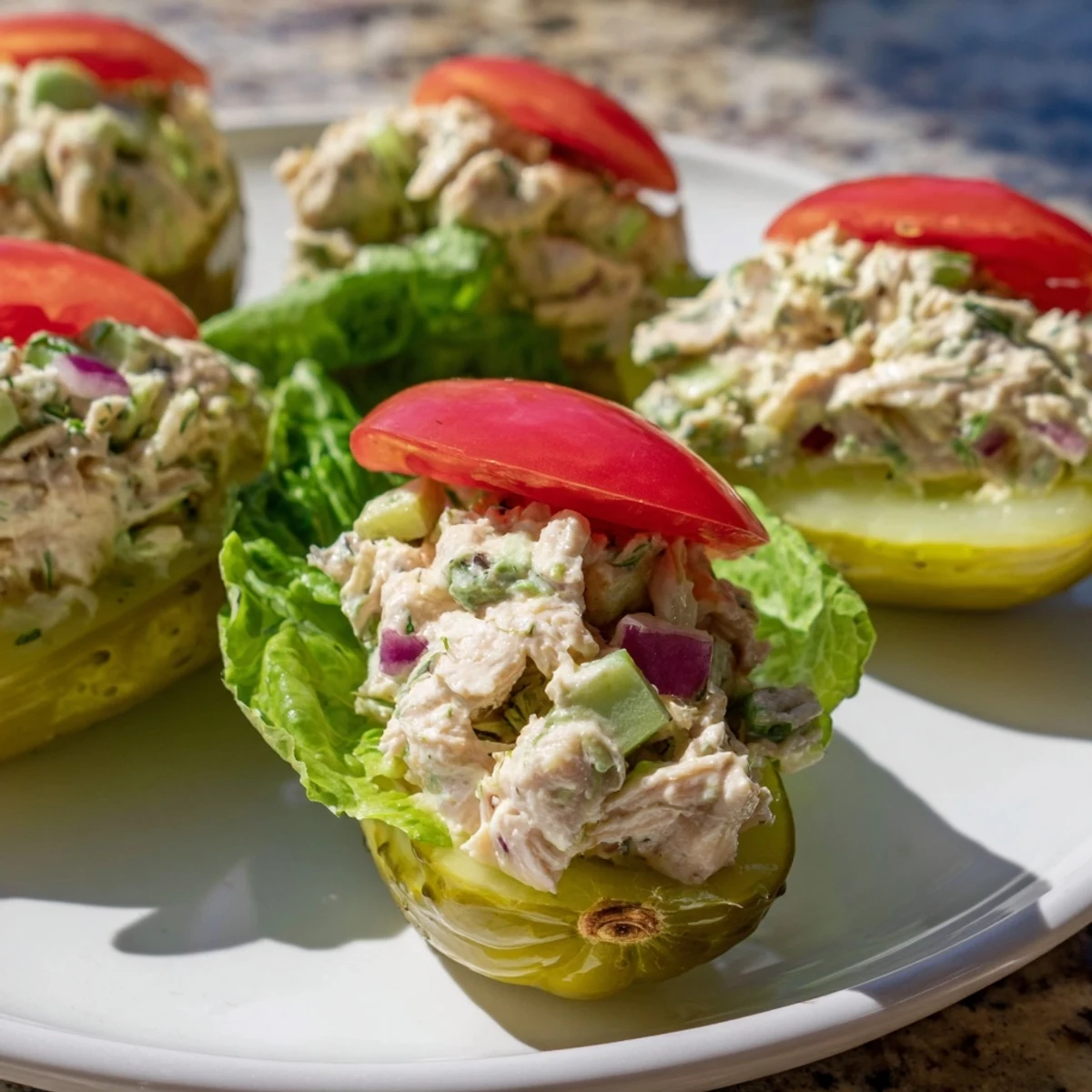 Crispy pickle sandwich with chicken salad showing juicy filling and cool, fresh dill.