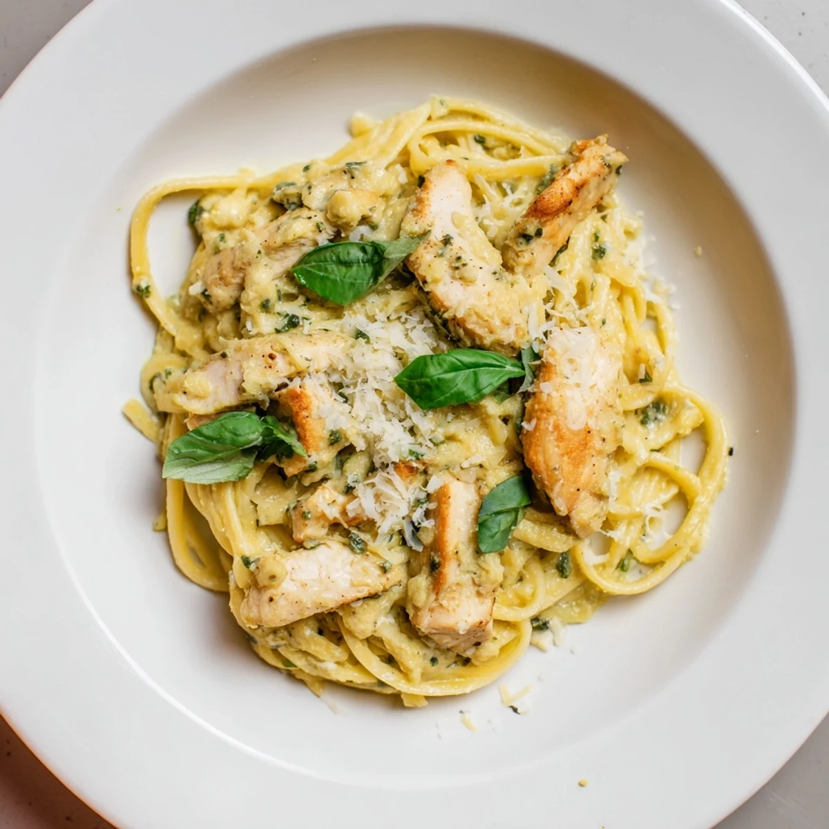Creamy pesto egg and chicken pasta with Parmesan topping, ready for a delicious dinner.