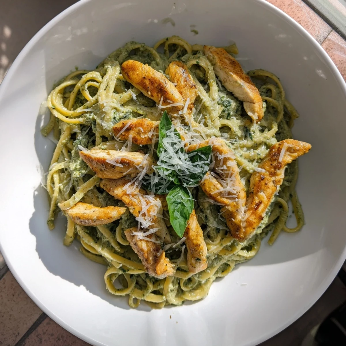 Golden chicken nestled in pesto egg pasta, a beautiful plateful of this Italian-American fusion dish.