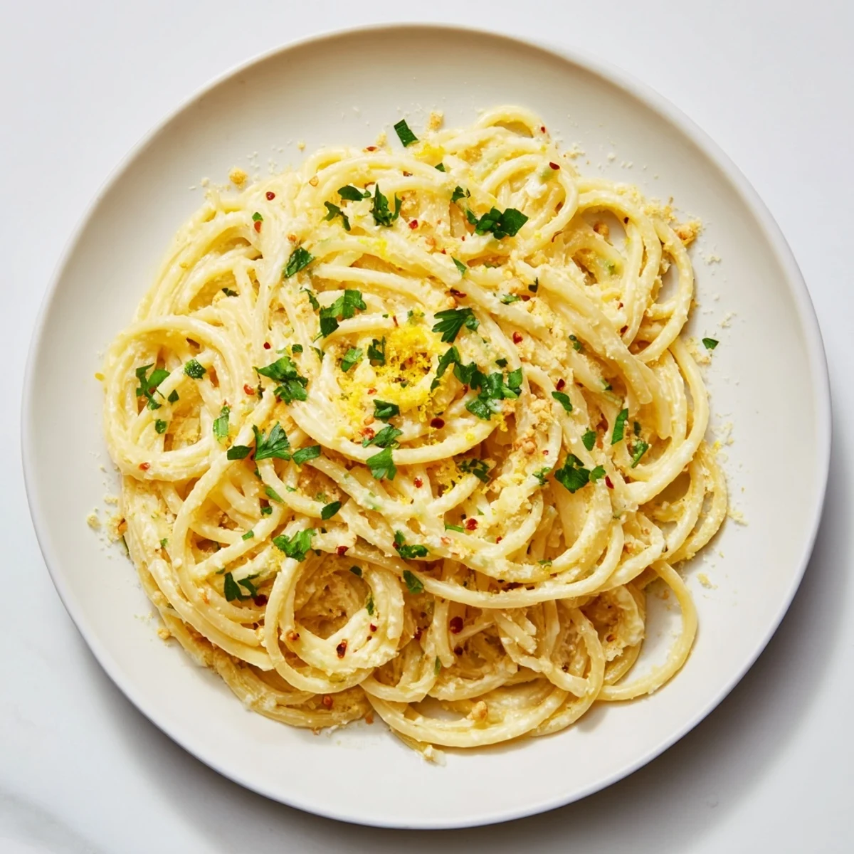 Tangy Lemon-Garlic Greek Yogurt Pasta, creamy and bright, ready to be tossed with fresh parsley.