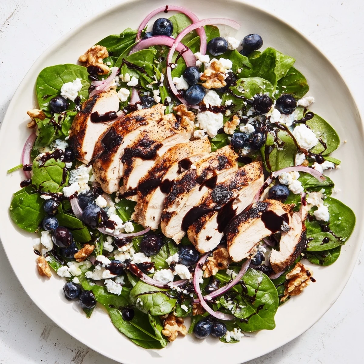 Blueberry Goat Cheese Chicken Salad, overflowing with fresh ingredients and drizzled with balsamic glaze.