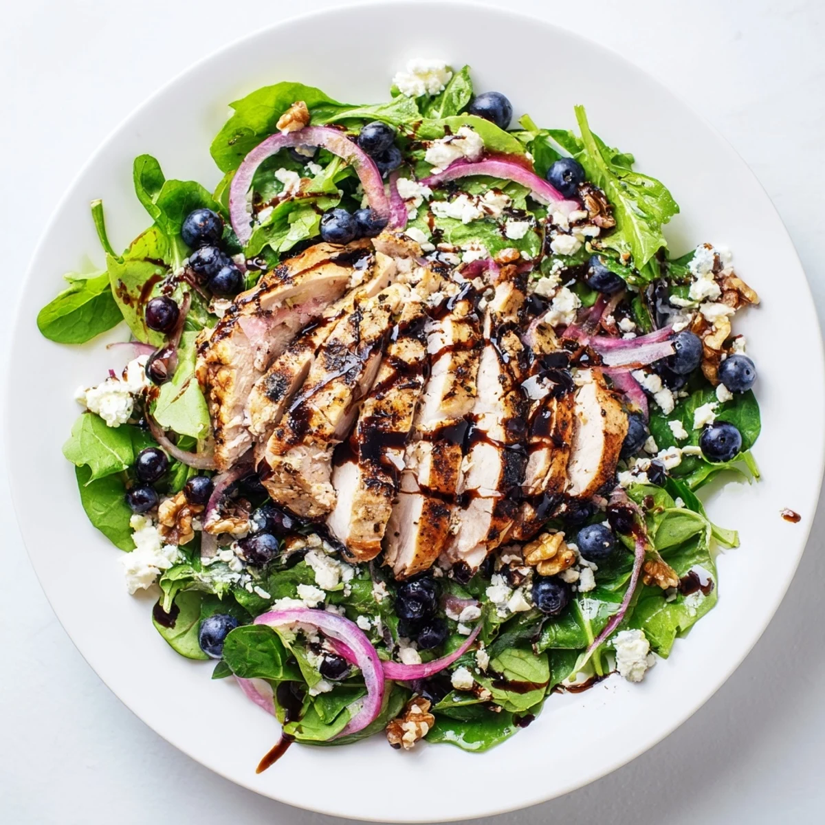A beautiful close-up shows the colorful Blueberry Goat Cheese Chicken Salad, ready for a delicious lunch.