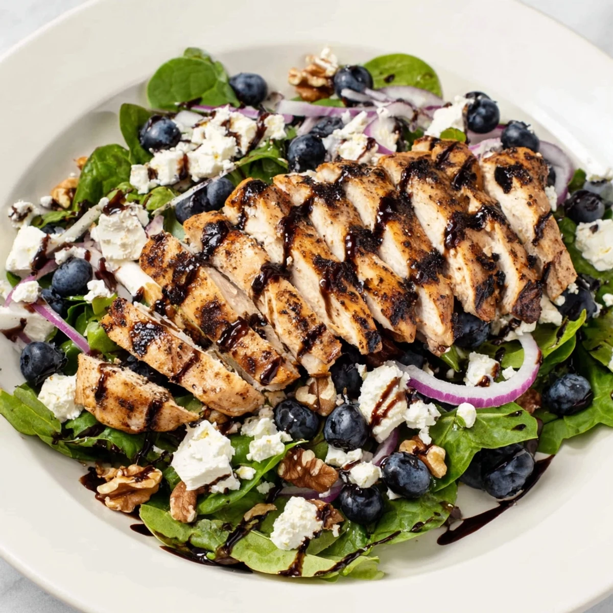 Fresh, juicy blueberries burst in this vibrant bowl of Blueberry Goat Cheese Chicken Salad, perfect for summer.