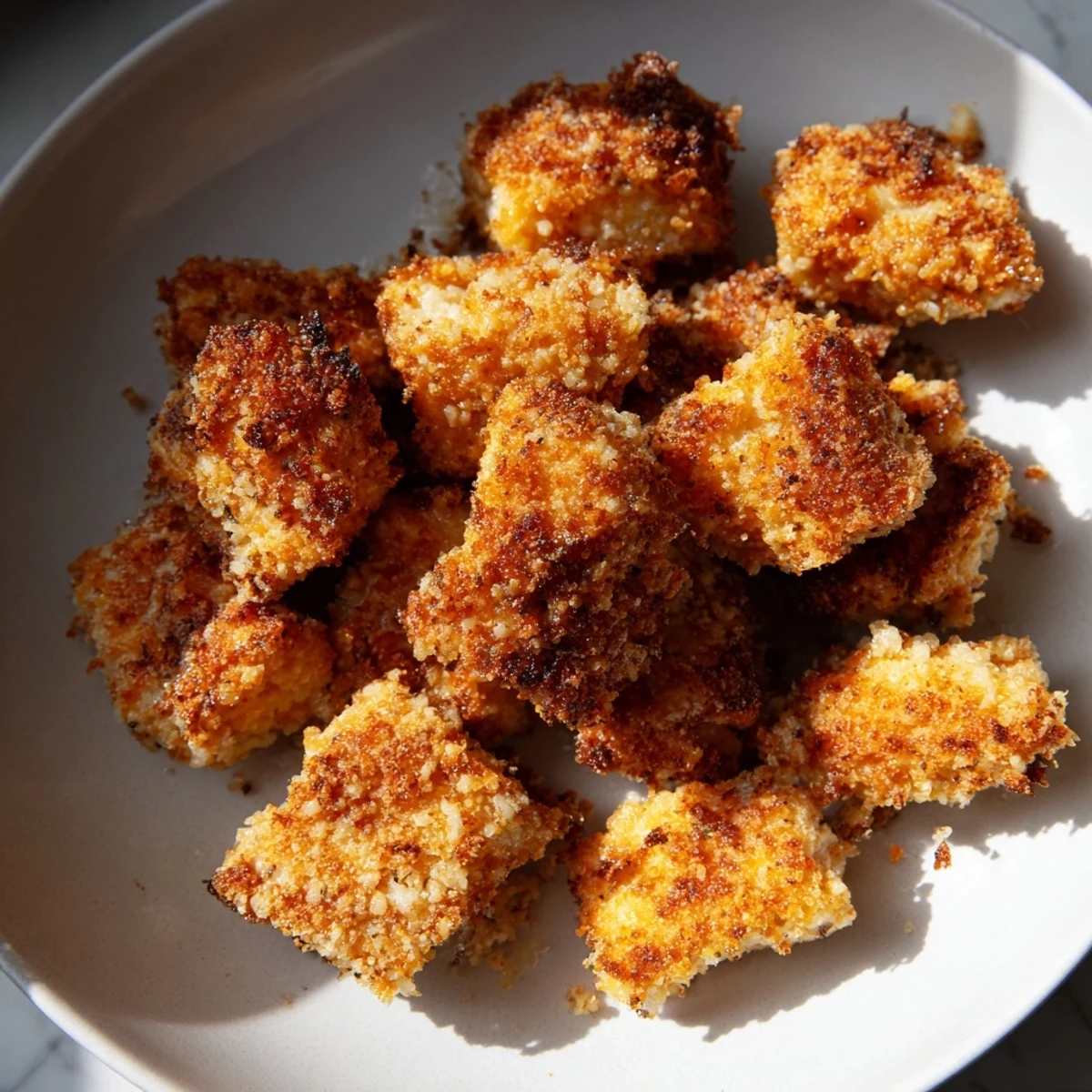 Juicy, perfectly cooked Air Fryer Un-Fried Chicken Nuggets with a delightful crunchy breadcrumb coating.