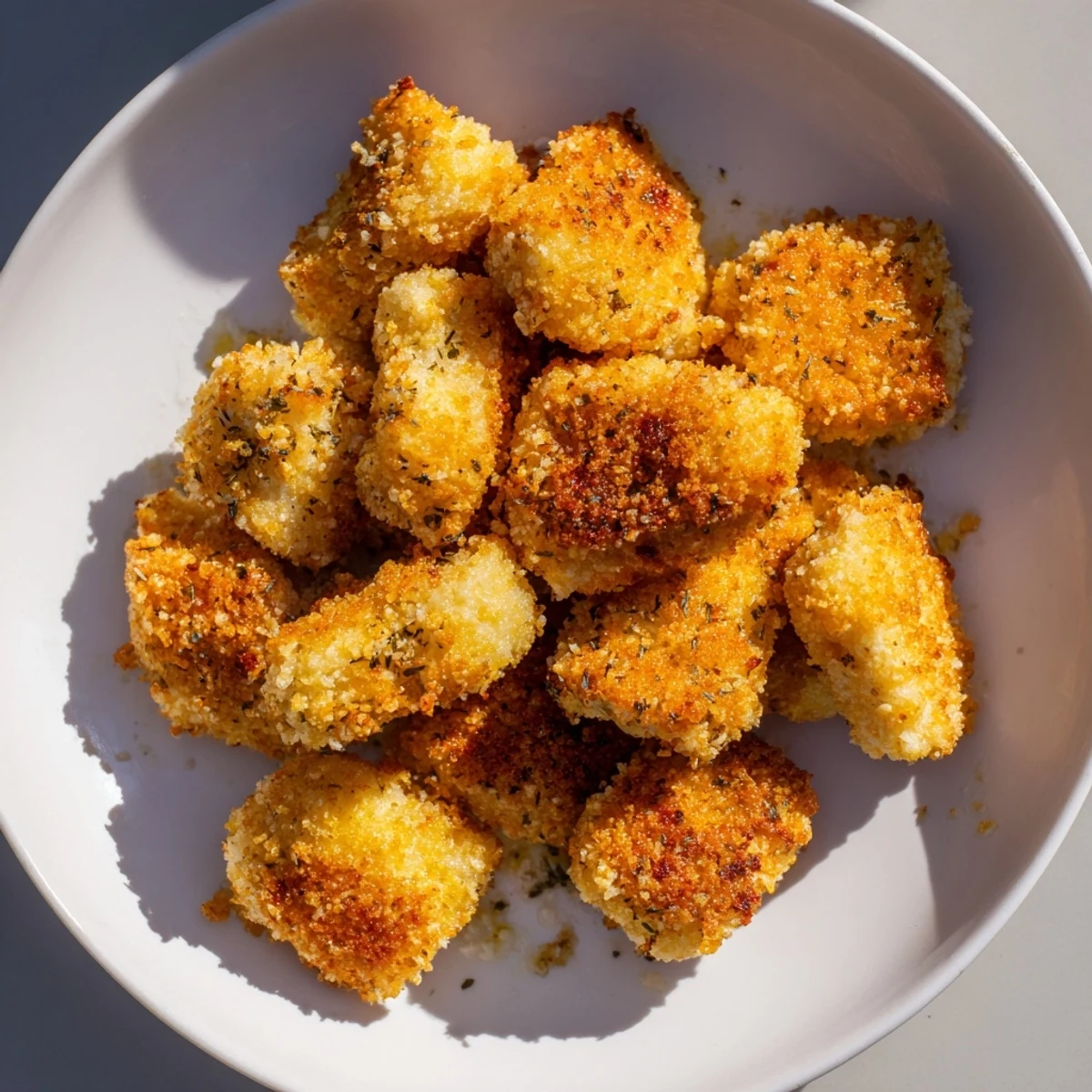 A close-up shot of hot, homemade Air Fryer Un-Fried Chicken Nuggets ready to be devoured.