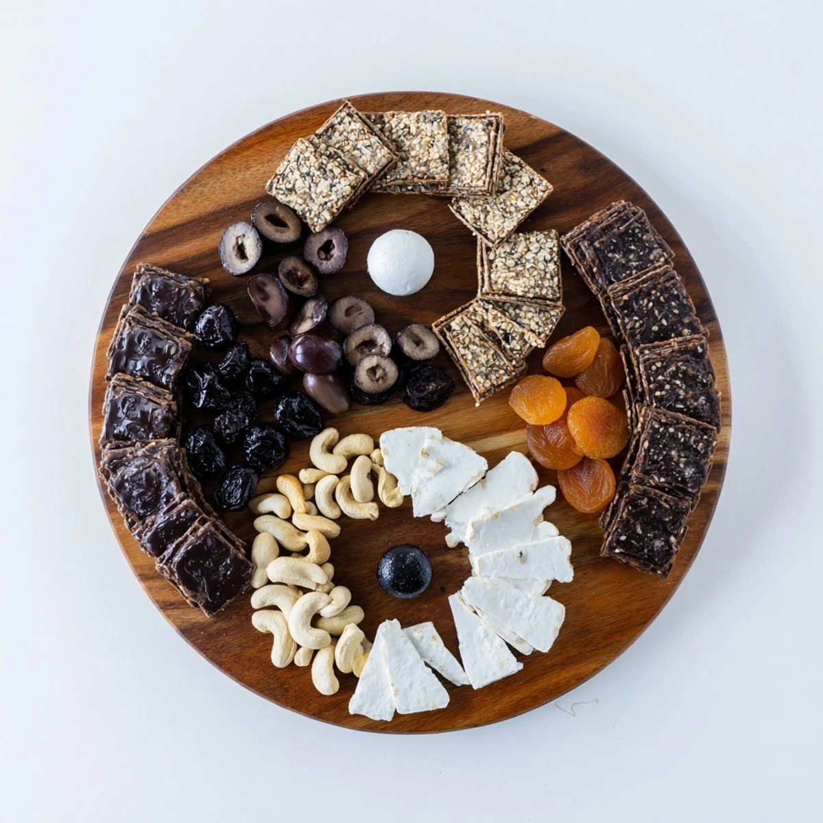 A delicious Yin and Yang Balance Board, featuring crackers, chocolate, and apricots for delightful flavors.