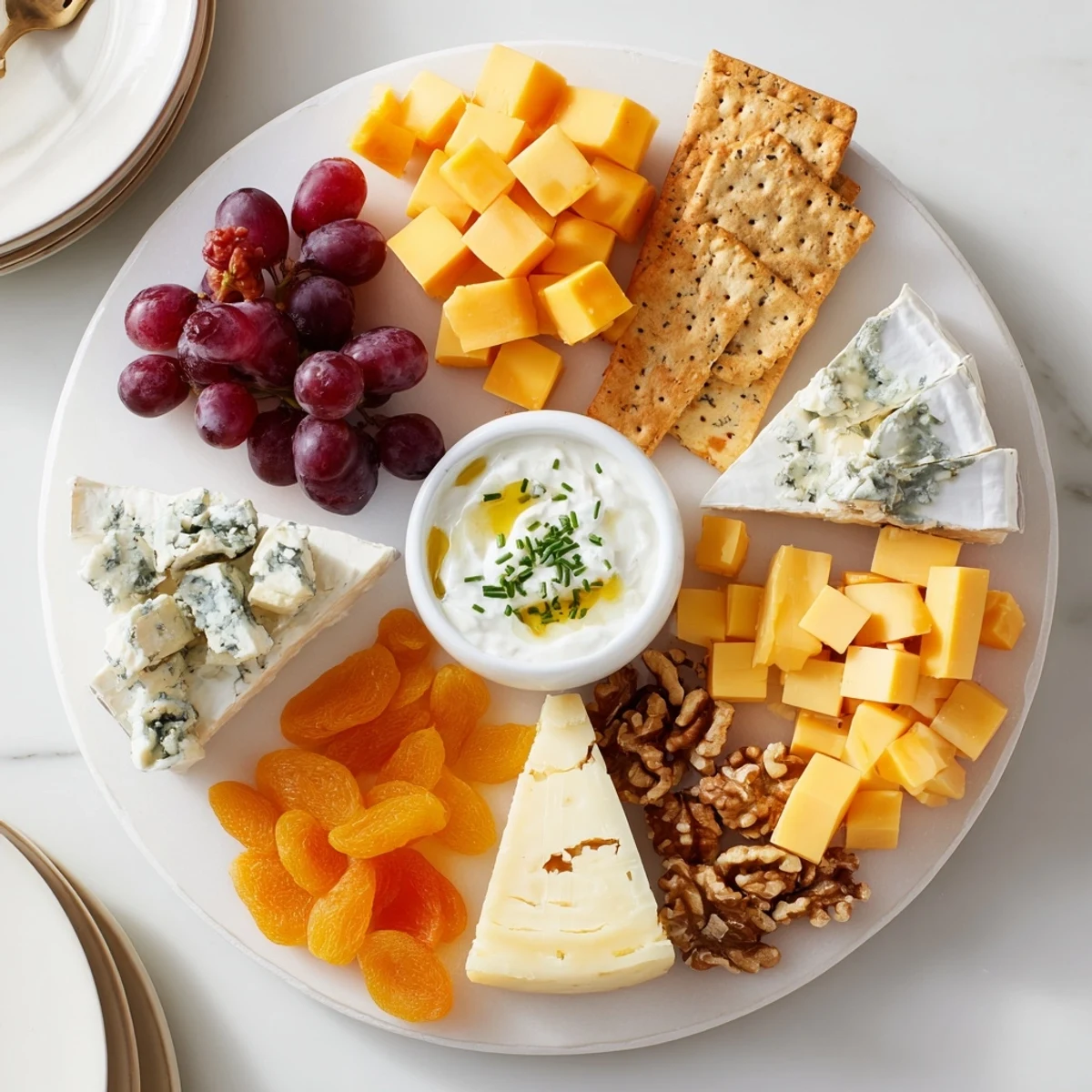 The Celtic Cross Cheese Platter, a delightful arrangement of cheeses, grapes and honey on a platter.