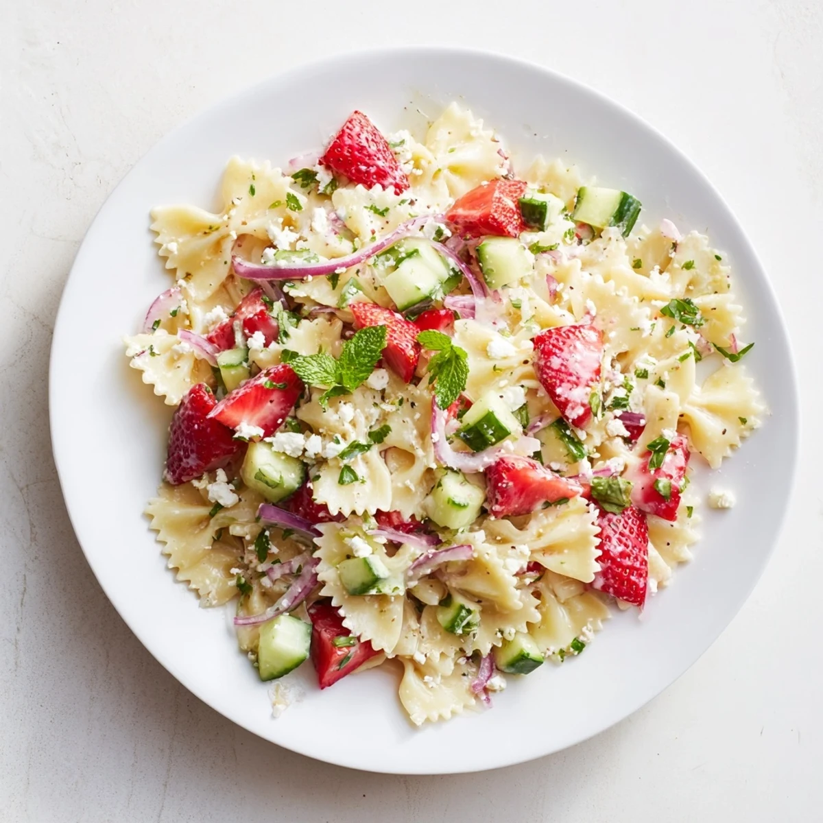 This cold Strawberry Feta Pasta showcases juicy strawberries, creamy feta, and refreshing herbs, ready to serve.