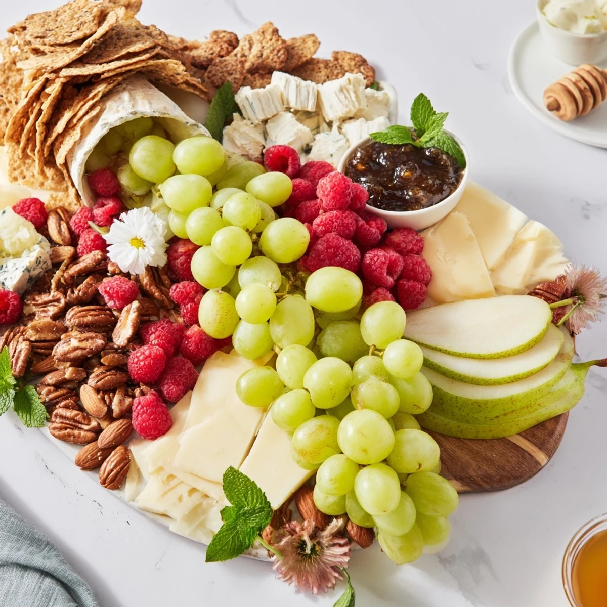 The Champagne Waterfall Board overflows with fresh fruits, cheese, and nuts, perfect for appetizers.