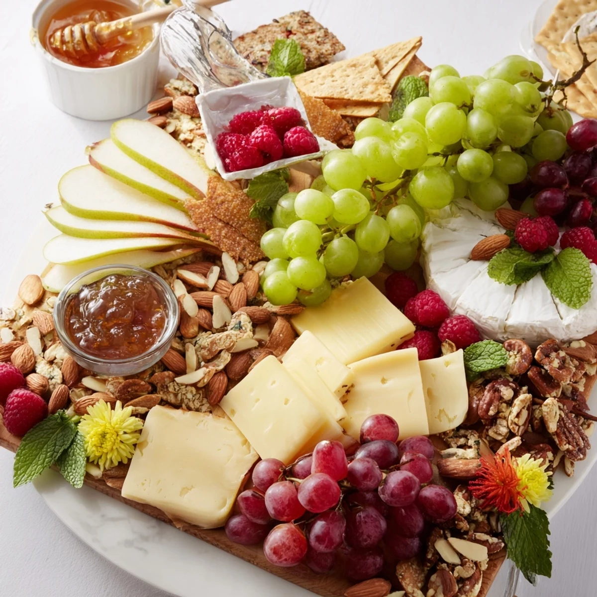 A beautiful Champagne Waterfall Board arrangement showcases grapes and cheeses cascading across wooden surface.
