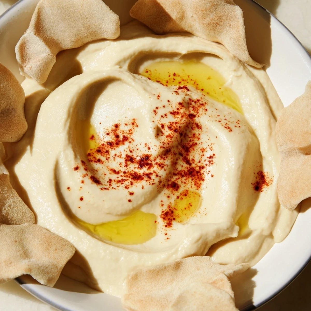 Creamy Sahara Dune hummus served with crispy, spiced pita chips perfect for sharing.