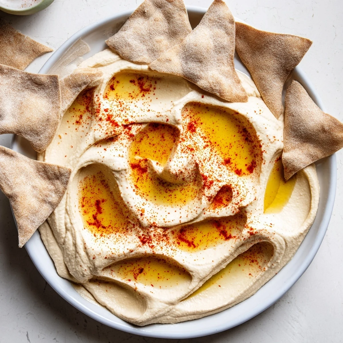 A delightful view: Sand-like Sahara Dune hummus artfully arranged with crunchy pita "dunes".