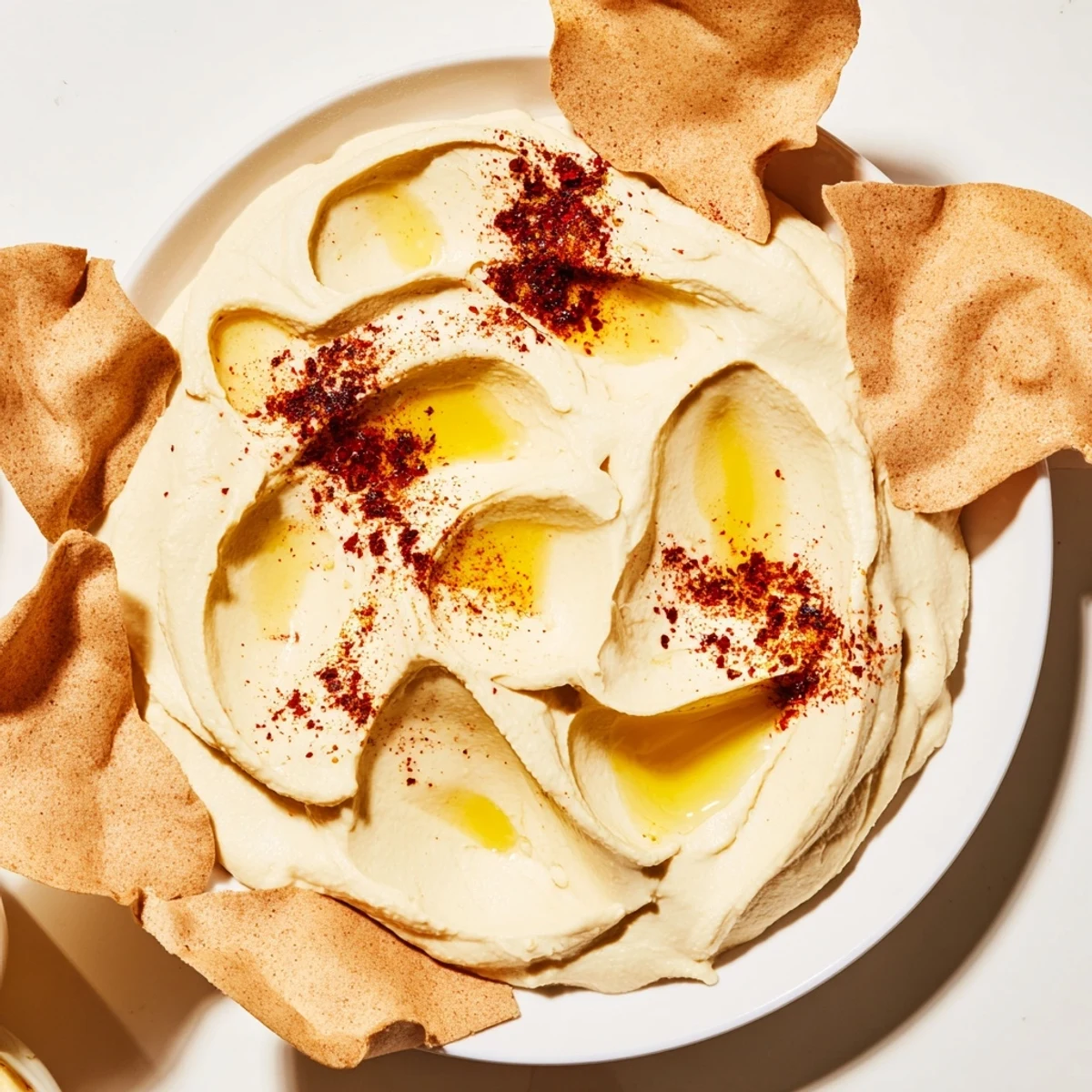 Beautiful Sahara Dune appetizer: Smooth hummus mounds, drizzled with olive oil and spiced pita chips.