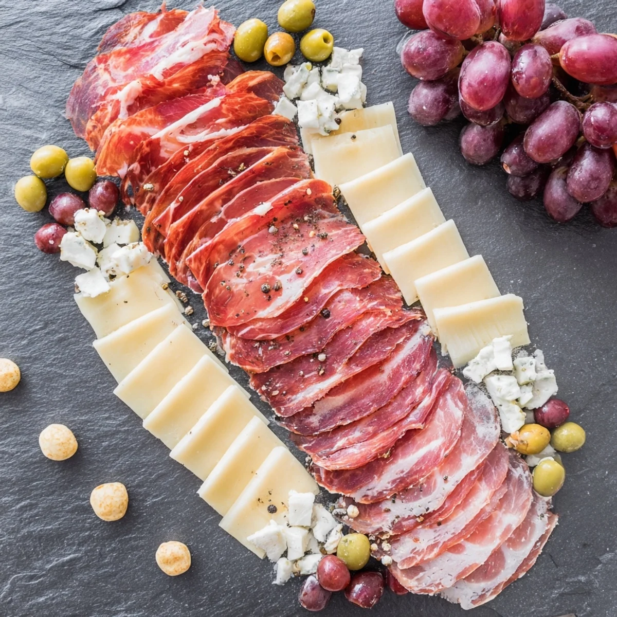 Industrial Slate appetizer featuring cured meats and sharp cheeses arranged in eye-catching lines.