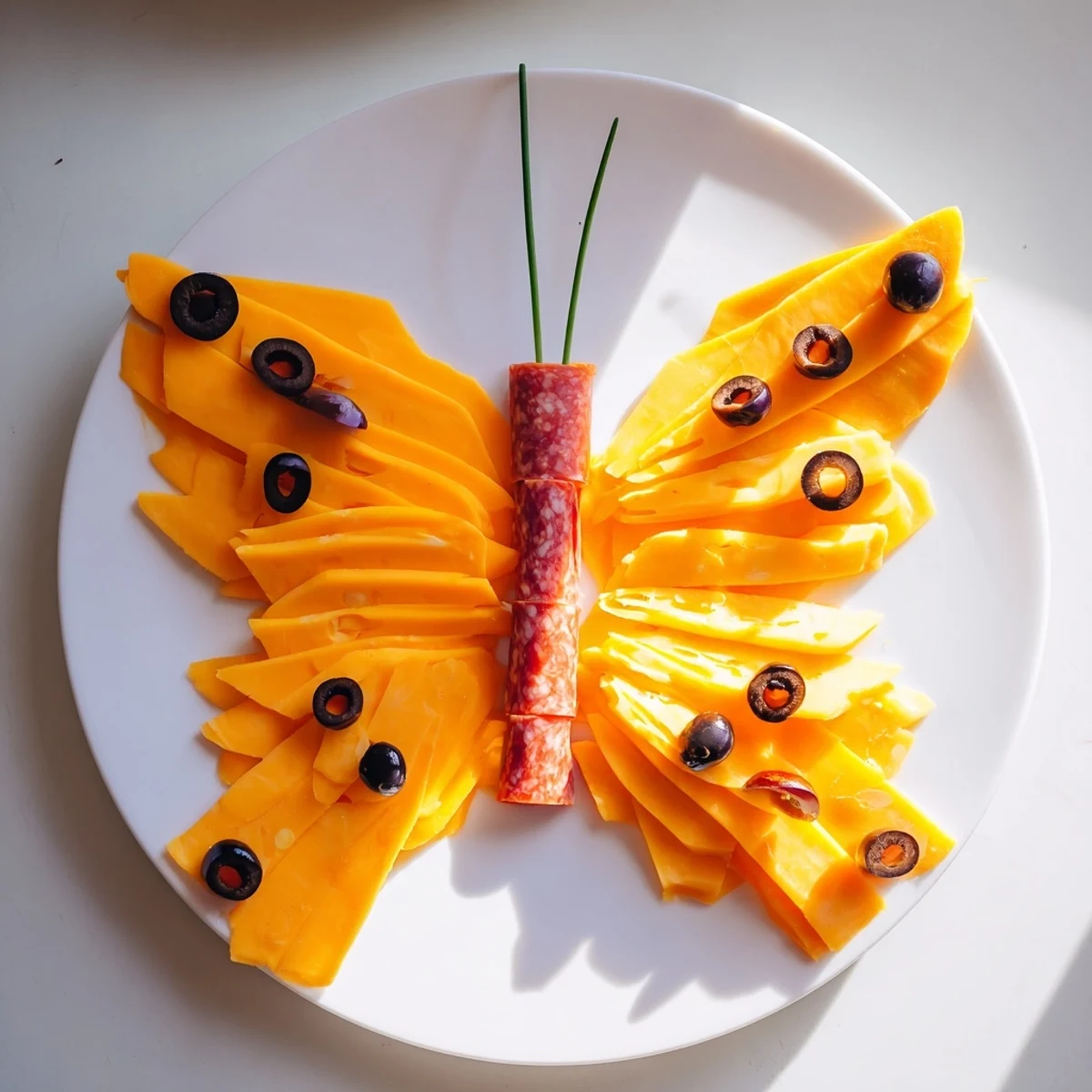 The Butterfly Migration appetizer showcases cheddar cheese wings with black olive details, a party favorite.