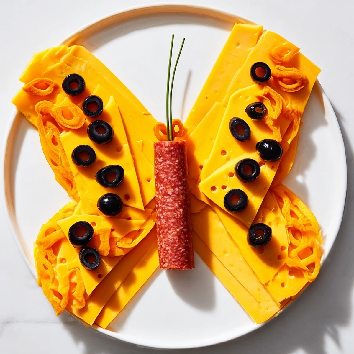 A colorful, close-up of The Butterfly Migration appetizer: salami body with cheese and olives.