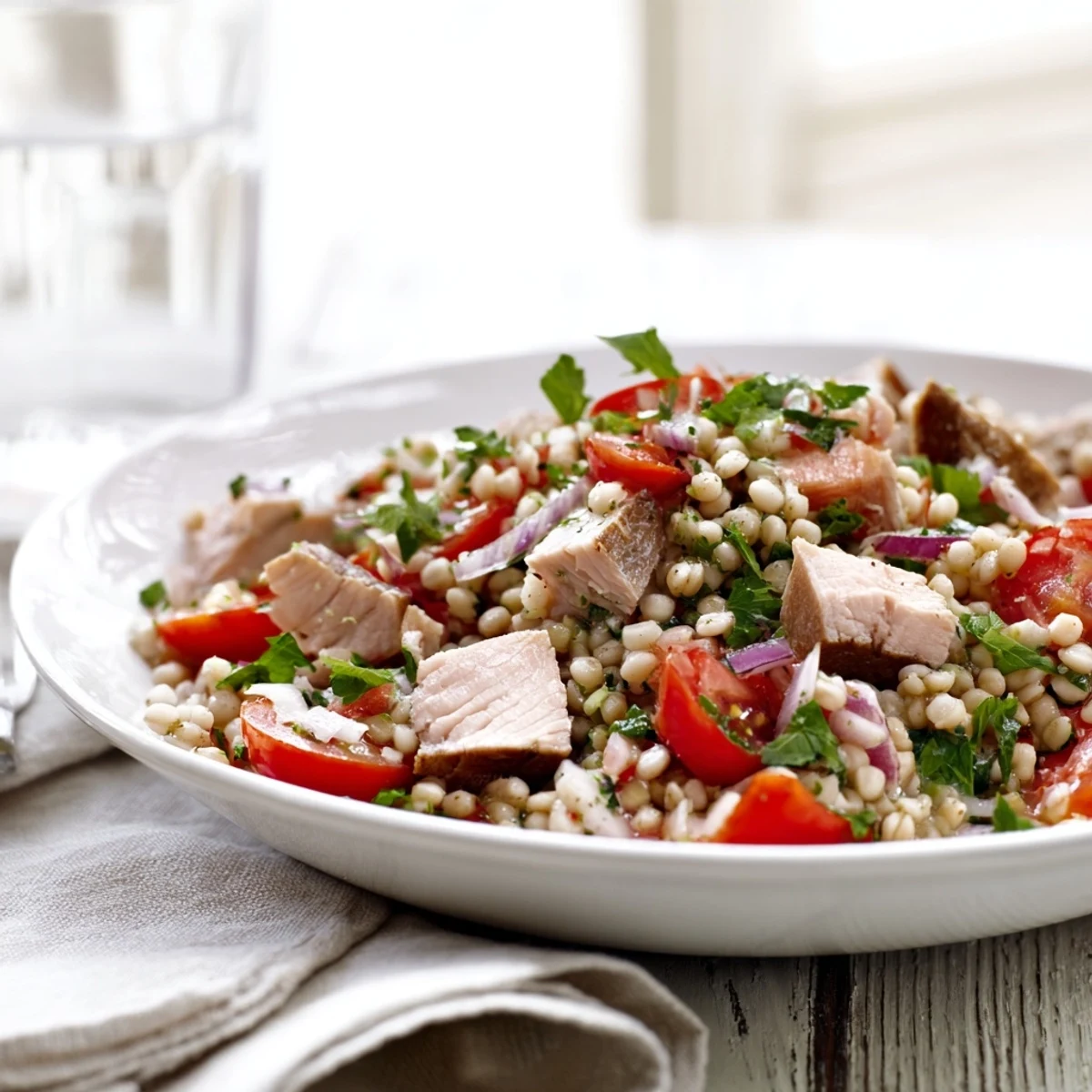 A vibrant photo shows Dense Chickpea and Tuna Salad with a creamy texture and fresh herbs.