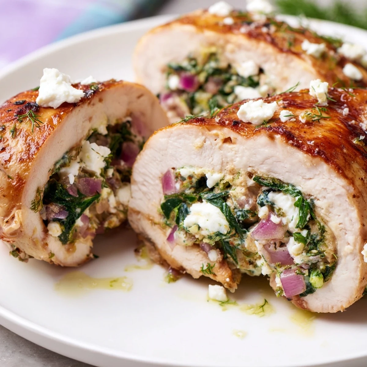 Spinach feta stuffed chicken, golden-brown and juicy, served with a lemon-herb drizzle.