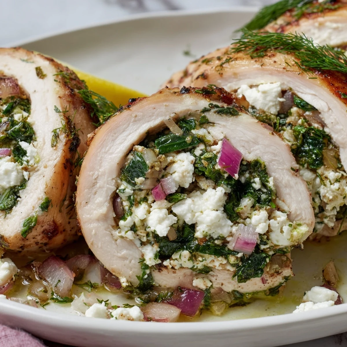 Perfectly rolled Spinach Feta Stuffed Chicken, showing a cross-section of spinach and feta filling.