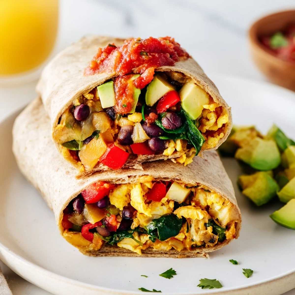 A cross-section revealing the delicious layers inside a vibrant Veggie-Loaded Breakfast Burrito, ready to eat.