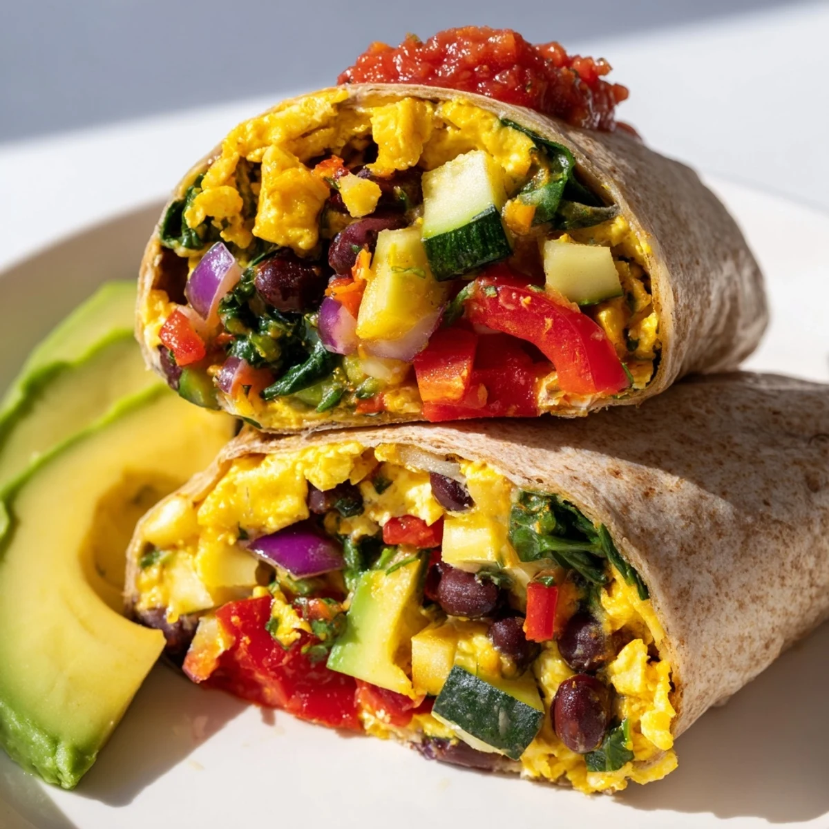 Golden-brown, perfectly-rolled Veggie-Loaded Breakfast Burrito, served with sliced avocado and fresh salsa.