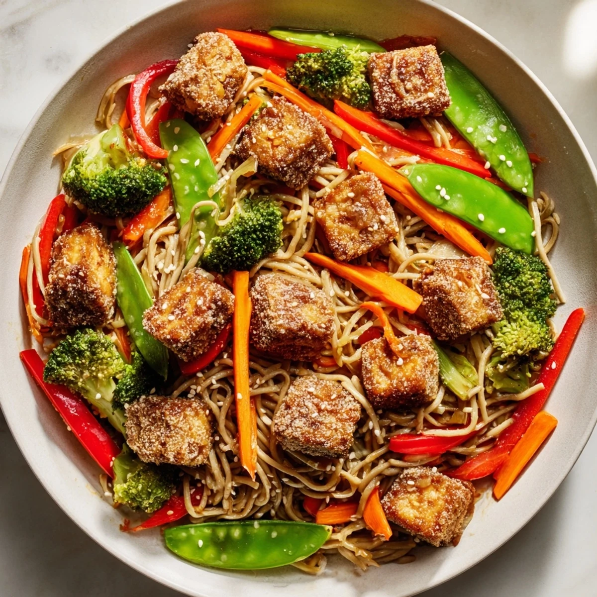 Golden-brown, crispy Sesame Ginger Tofu Stir-Fry served with vibrant vegetables for a delicious vegetarian dinner.