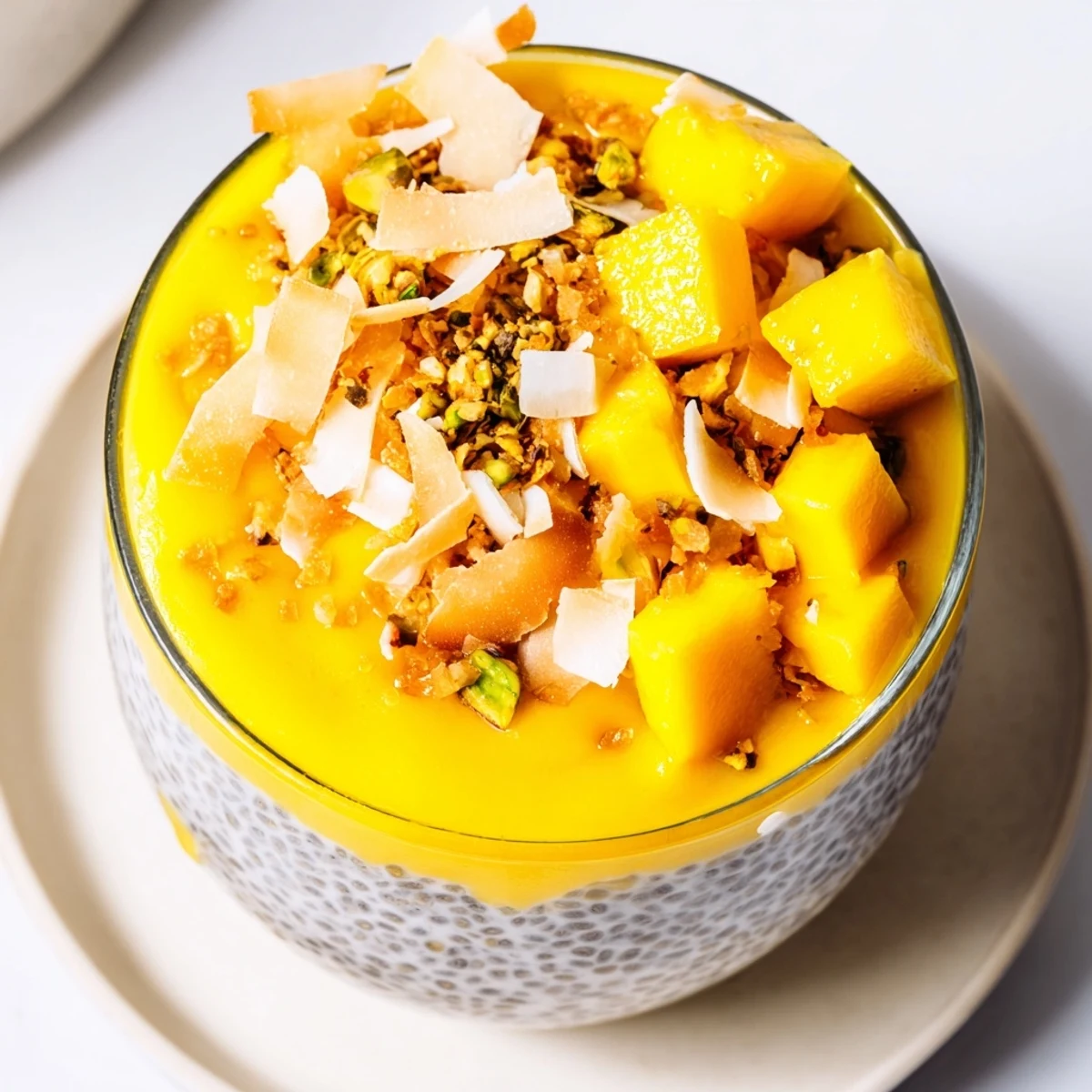 Enjoy a refreshing scoop of homemade Mango Coconut Chia Pudding, perfect for breakfast or dessert.
