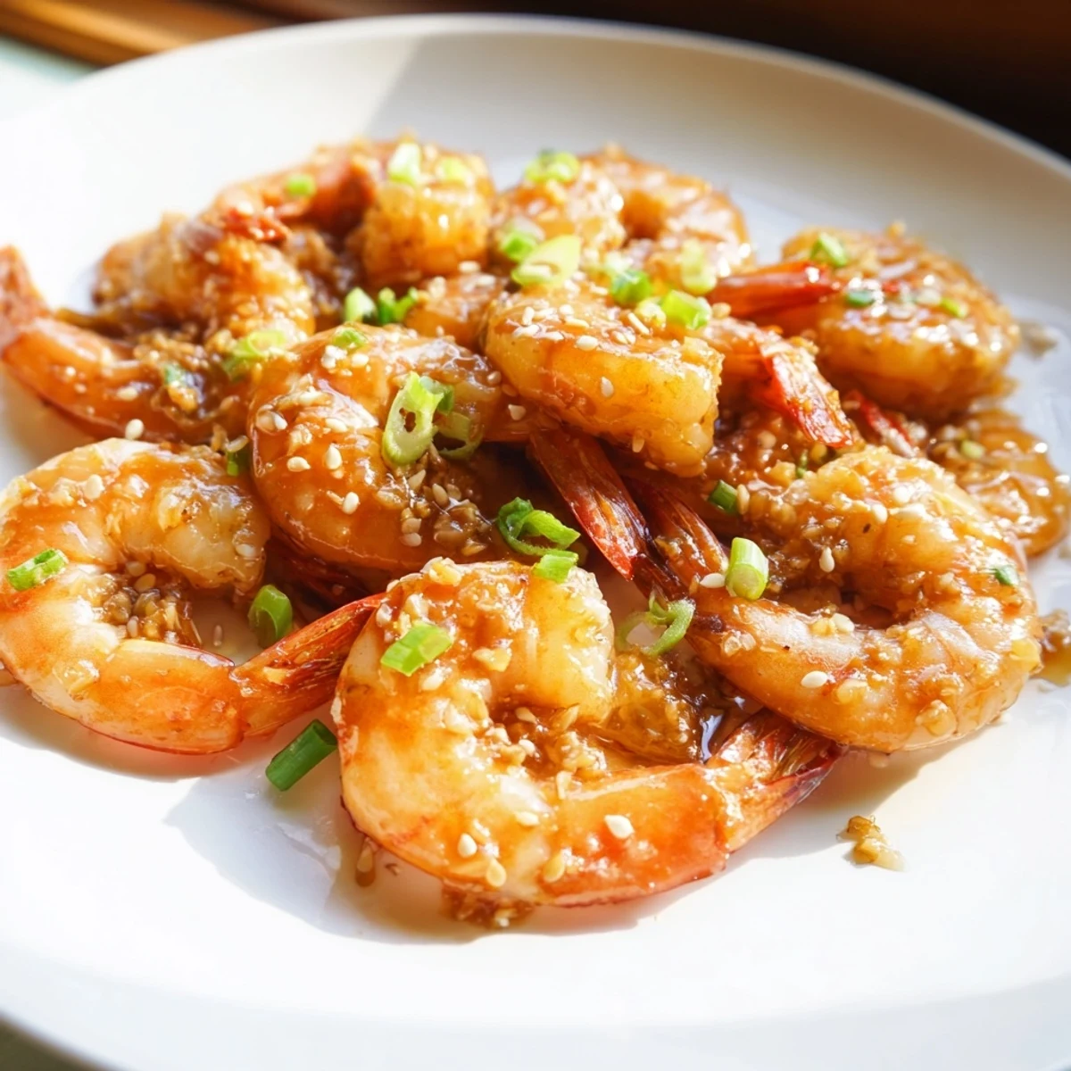 Steaming hot Honey Garlic Shrimp with vibrant green onion garnish on a white bowl for serving.