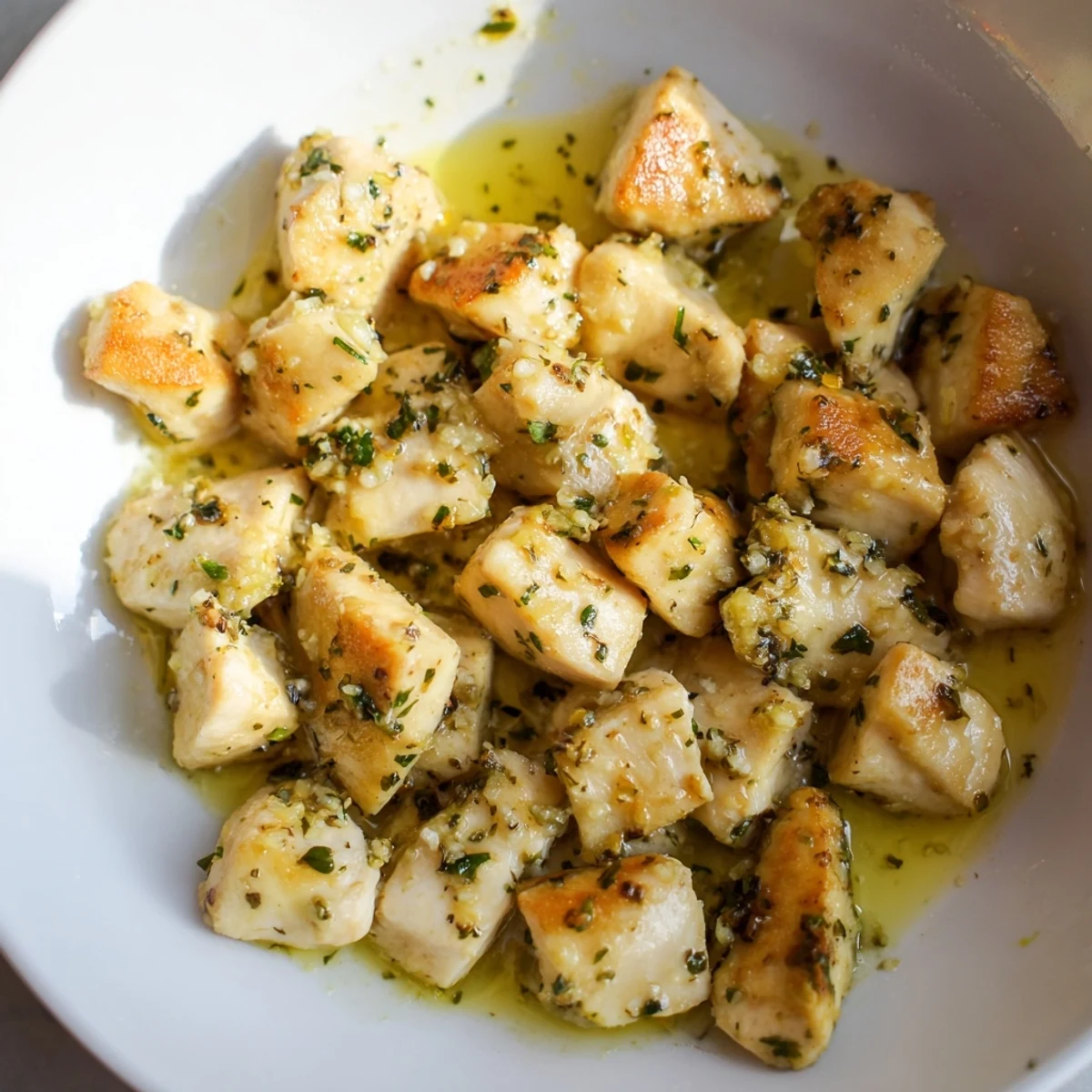 Sizzling Garlic Butter Chicken Bites, golden brown and glistening, ready to serve with fresh parsley.